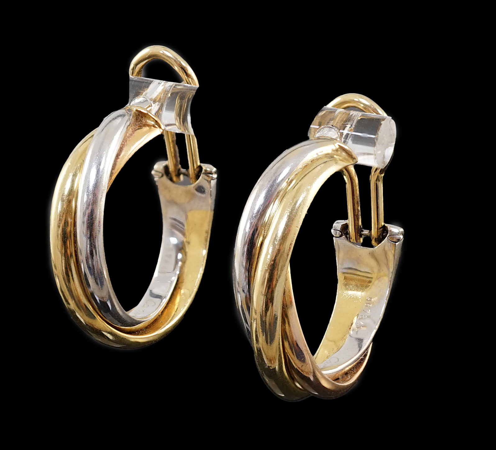 A modern pair of Cartier three colour 18ct gold Trinity earrings